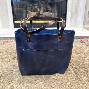 Portland Leather Goods Cowboy Blue large Tote Bag with brown handles NEW